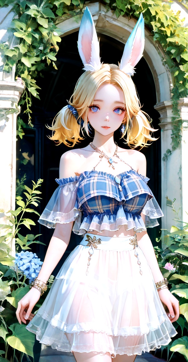 plaid shirt,  off-shoudler skirt,  rabbit ears on Tensor.Art