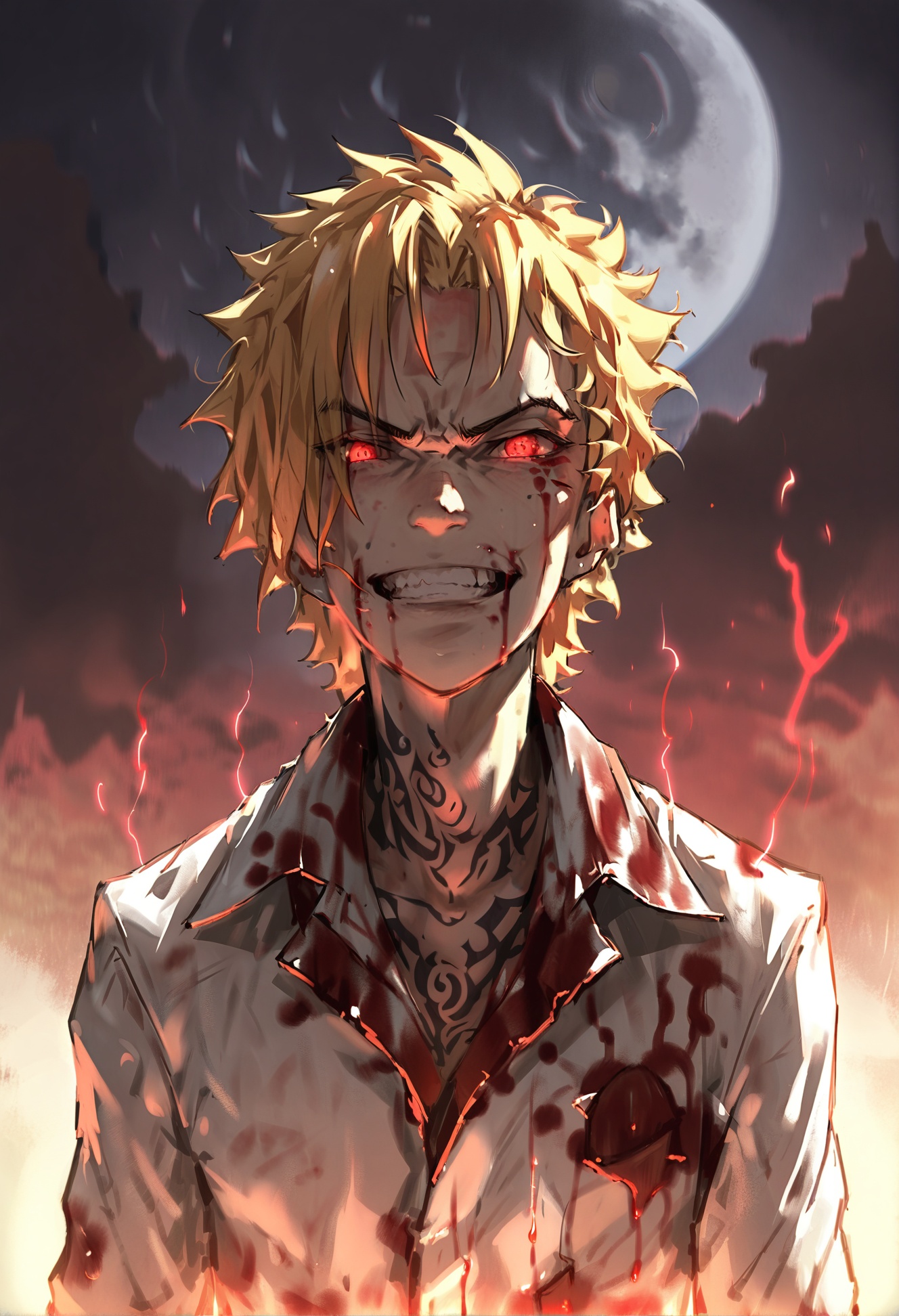 masterpiece, best quality,1boy, male focus,   solo, red eyes, glowing, glowing eyes, glowing eye, blood on clothes, blood, smile, tattoo, clenched teeth, teeth, full moon, blood on face, spiked hair, portrait, eyebrows, grin, collared shirt, red moon, aura, facial tattoo, white shirt, shirt, moon, electricity, sanpaku, angry, blonde hair, hair over one eye, looking at viewer <lora:DInoballXLlokr8f-000185:0.95>