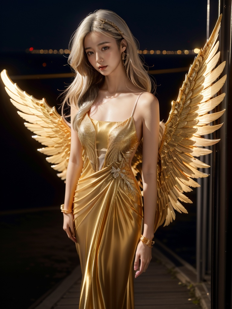 jinyingnvshen,masterpiece,best quality,1girl,exquisite details,set at night by the seaside,white hair,jewelry,<lora:jinyingnvshen-000004:0.7>,exquisite evening dress,small golden wings,((bust)),