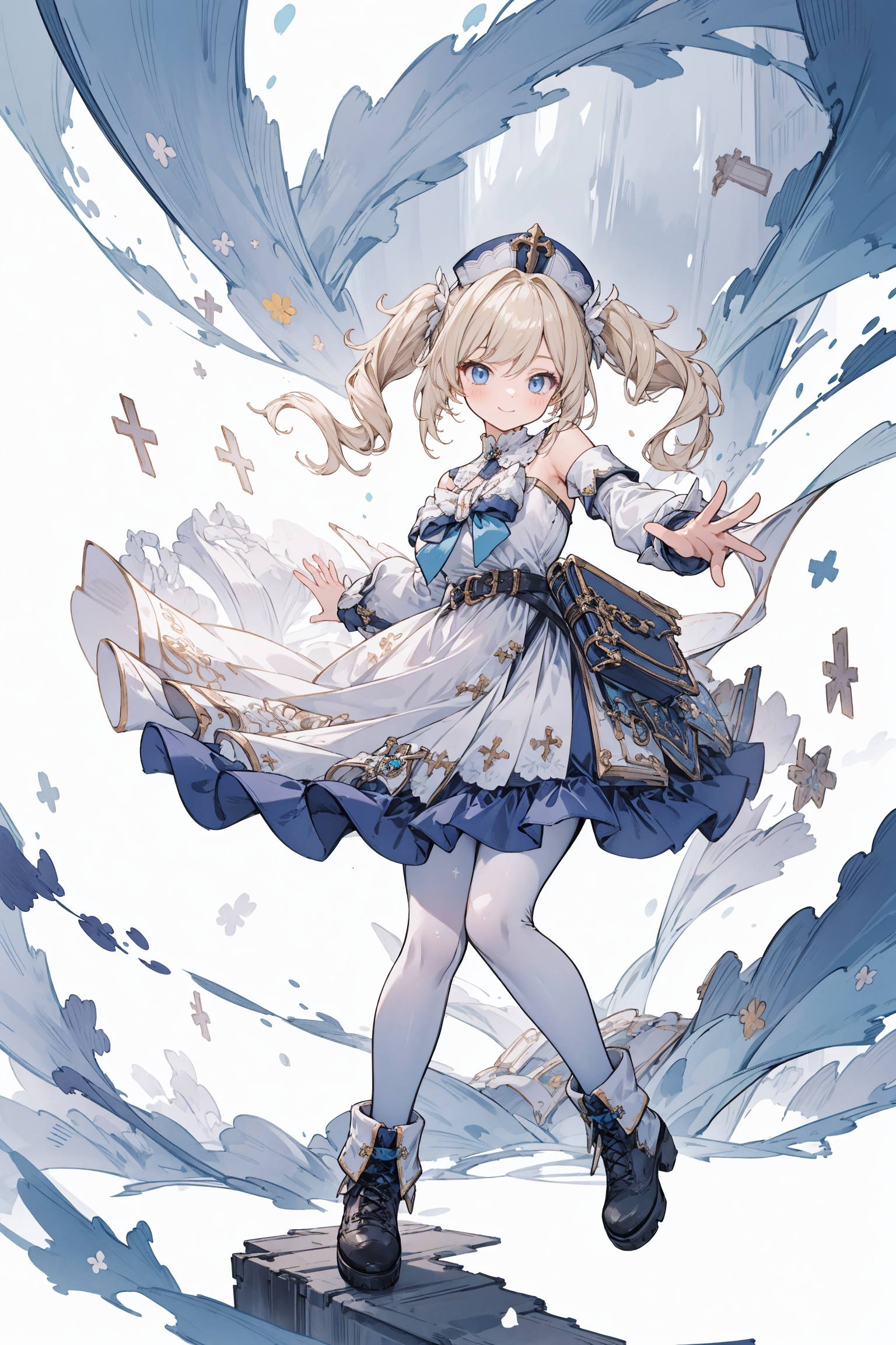best quality,(masterpiece:1.3),fullbody,ultra-detailed,solo:1.3,1GIRL,smiling,dynamic pose,1girl,hat,latin cross,blonde hair, long hair,twintails,twin drills, blue eyes,bow,white dress,frilled skirt,detached sleeves,white pantyhose,book,belt, <lora:barbara:1>