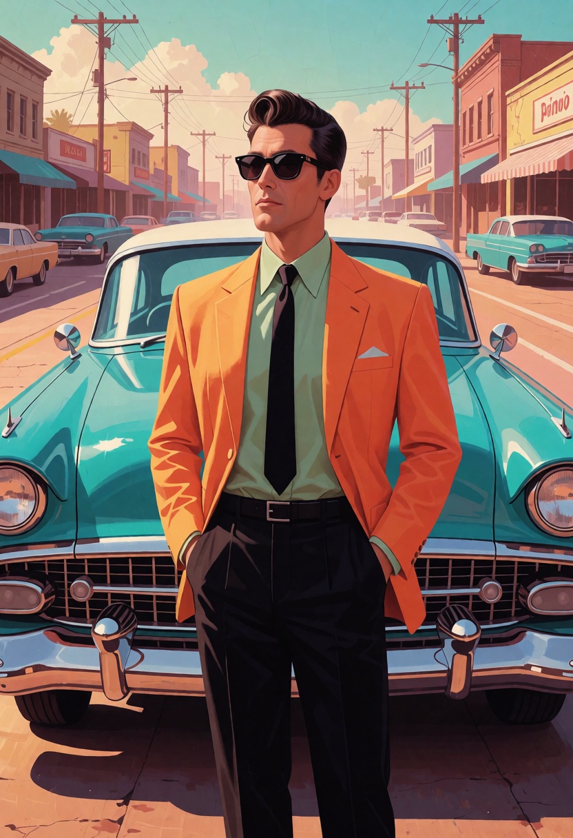 synthworld,  retro,  A 32-year-old man stands in front of a classic turquoise mid-century car in a bold retro rockabilly i...