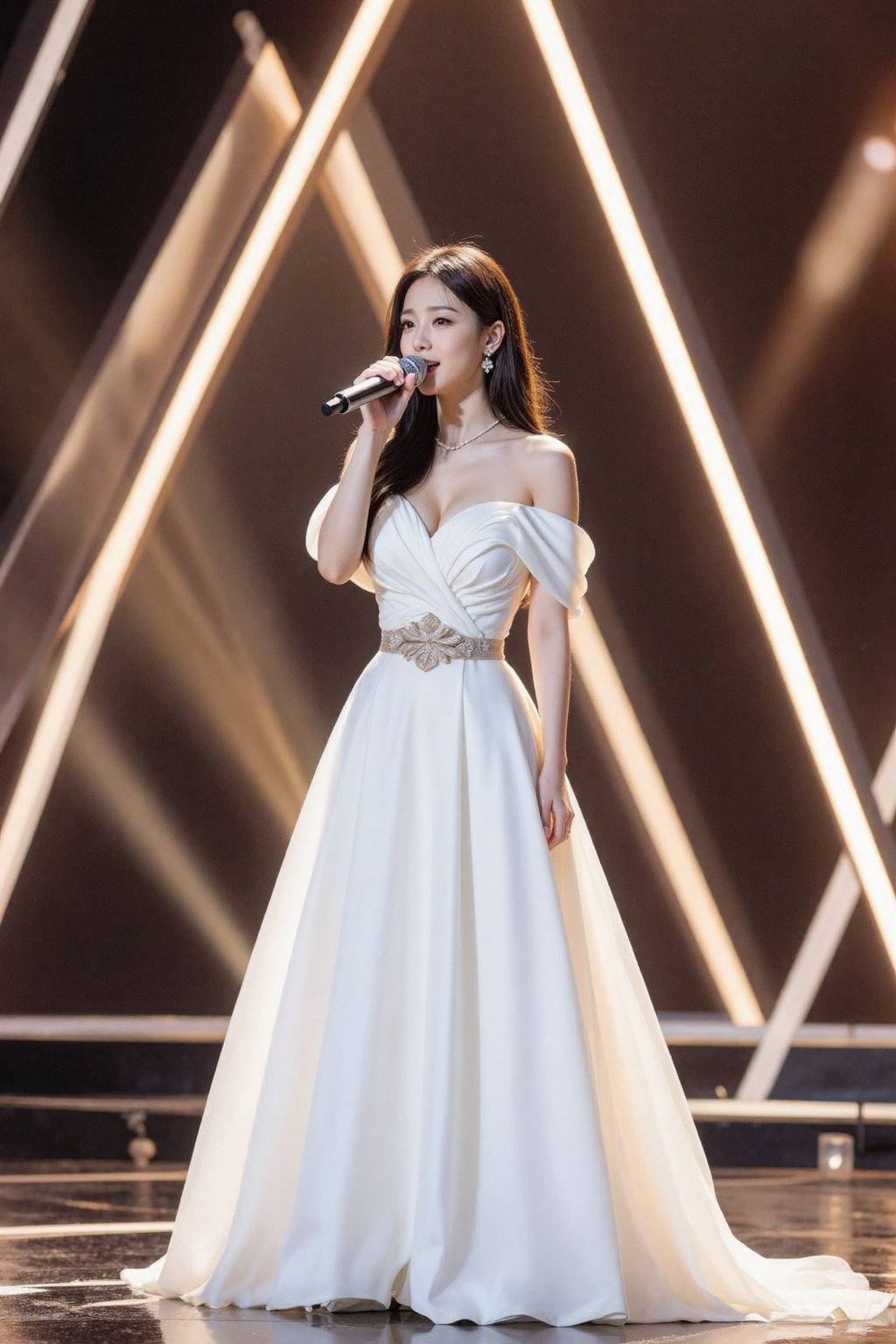 A woman in an off-the-shoulder white gown sings into a microphone on a stage with triangular light structures behind her....