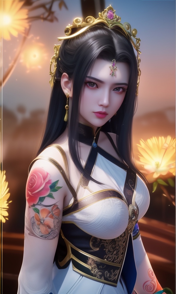(,1girl, ,best quality, ),looking at viewer, <lora:404-DA-仙逆-凤栾:0.8> ,,ultra detailed background,ultra detailed background,ultra realistic 8k cg,, ,masterpiece, (( , )),ultra realistic 8k cgSurrounded by strange, movie perspective, advertising style, Colorful background, splash of color A beautiful woman with delicate facial features,tattoo all over body, flower arms,from above, 