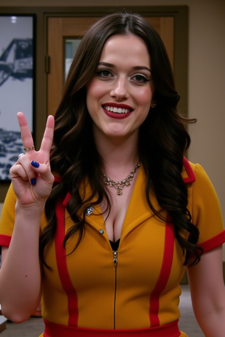 a photo of a max from two broke girls woman with long dark hair wearing a yellow and red uniform and necklace in a restaur...