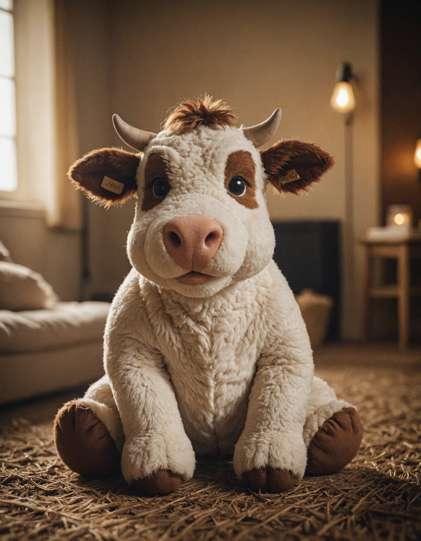 cinematic photo of plushy cow, perfect environment, cinematic lighting, epic, dof