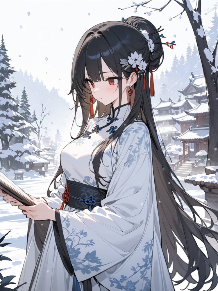 (best quality), ((masterpiece)), (highres), illustration, original, extremelydetailed,licg, 1girl, snow, black hair, solo, upper body, long hair, hair ornament, dress, jewelry, earrings, tree, snowing, white dress, winter, chinese clothes, licg, concept art