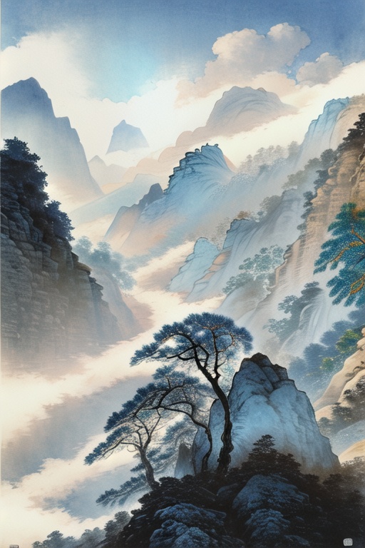 landscape painting, Landscape Ink Painting, outdoors, sky, cloud, water, tree, scenery, rock, mountain