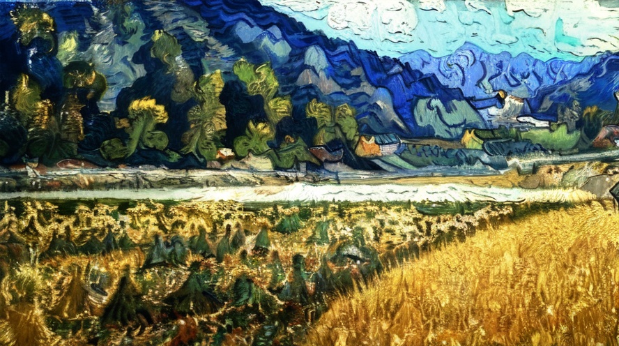 masterpiece,best quality,<lora:Van Gogh style:1.2>,oil painting,brush strokes,van gogh,blue sky and white clouds,forest,vegetation,distant mountain peaks,green wheat field,