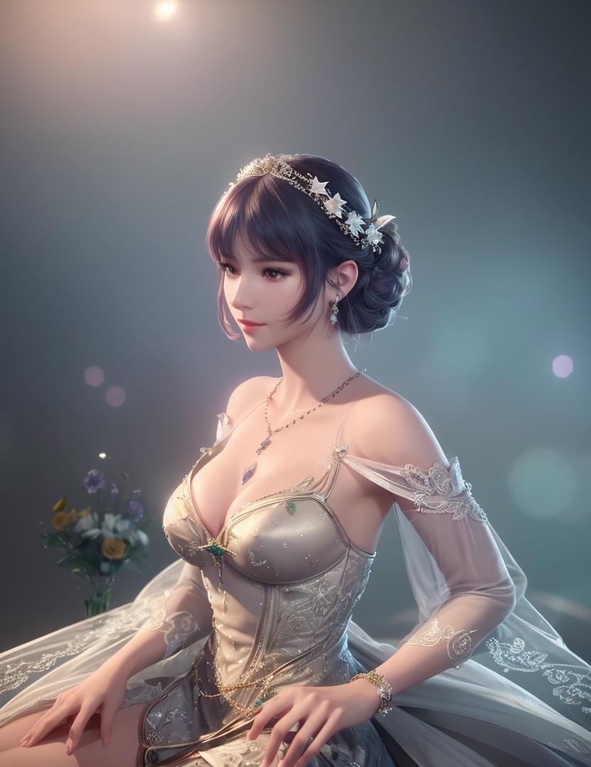 ultra realistic 8k cg, picture-perfect face, flawless, clean, masterpiece, professional artwork, famous artwork, cinematic lighting, cinematic bloom, perfect face, beautiful face, fantasy, dreamlike, unreal, science fiction,   lace, lace trim, lace-trimmed legwear,  (rich:1.4), prestige, luxury, jewelry, diamond, gold, pearl, gem, sapphire, ruby, emerald, intricate detail, delicate pattern, charming, alluring, seductive, erotic, enchanting, hair ornament, necklace, earrings, bracelet, armlet,halo((,1girl, pov,))  ((, 1girl, solo, star_\(symbol\), bouquet, pillarboxed, dress, jewelry))<lora:DA_BaiChenXiang:0.6>