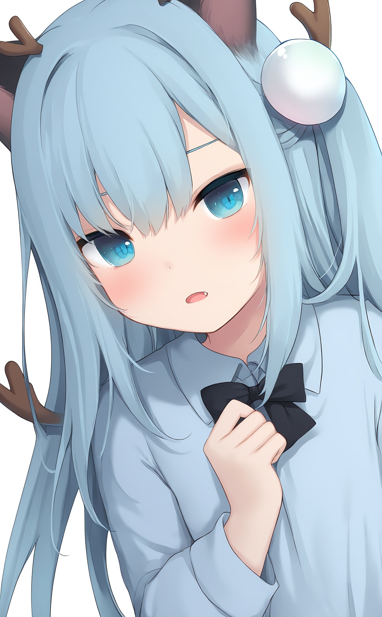 masterpiece,highres,absurdres,newest,best quality,(loli),petite,high quality,//,1girl,solo,antlers,animal_ears,horns,blue_eyes,blue_shirt,simple_background,black_bow,blue_hair,white_background,long_hair,bow,shirt,parted_lips,hair_between_eyes,cat_ears,blush,looking_at_viewer,collared_shirt,reindeer_antlers,one_side_up,animal_ear_fluff,hair_ornament,fang,//,<lora:gancheng2——【noob】hans:1>,