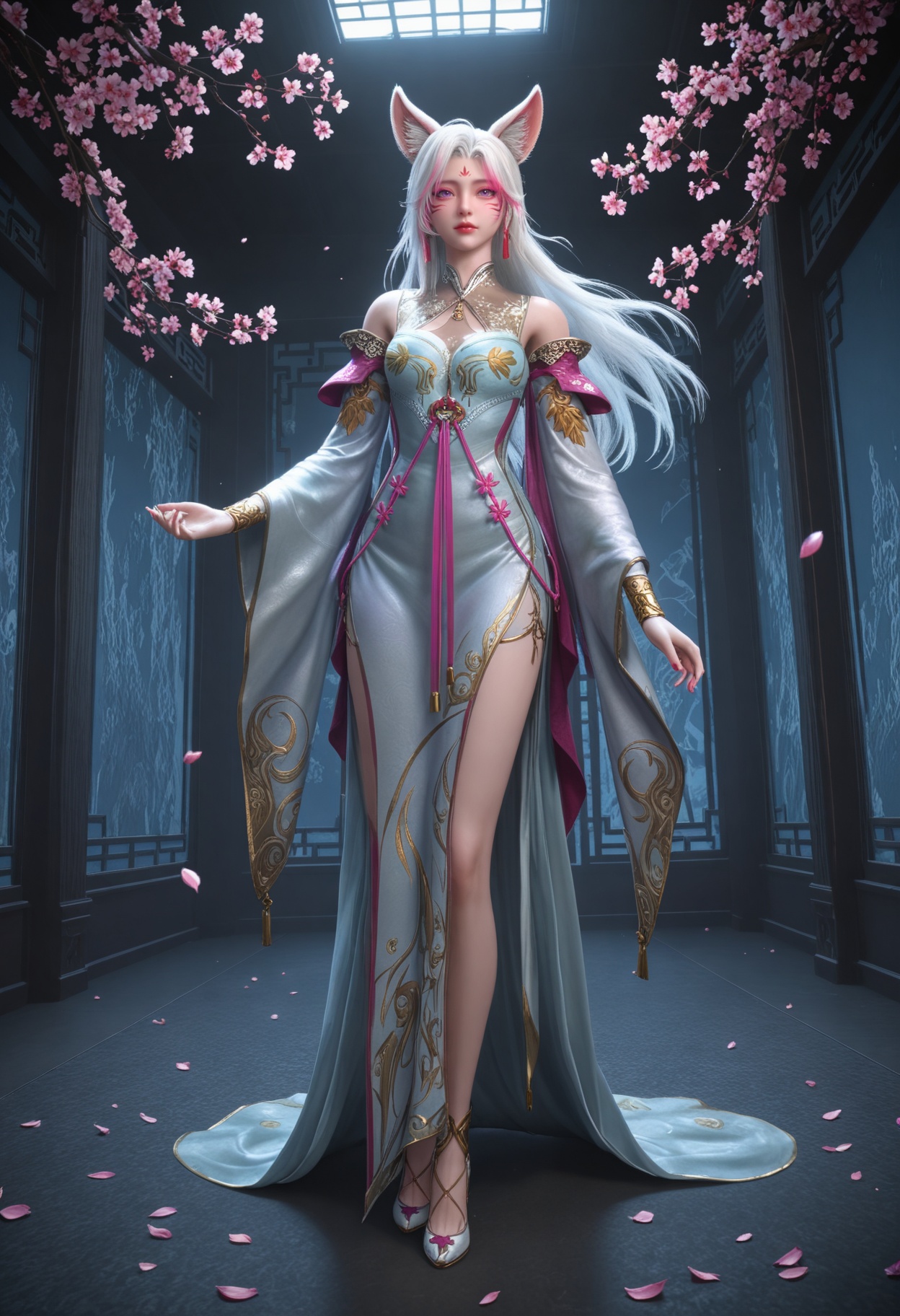 (full_body:1.1),(looking at viewer:1.1),facing viewer,direct gaze,(masterpiece:1.1),(best quality:1.2),(intricate details),(smog:1.3),(Dark room:1.3),(dim lighting:1.3),peach blossom,falling petals,<lora:YQ_Illustrious光辉v5_小狸_服装1_V1:0.8>,q1528437228,1girl,solo,long hair,animal ears,facial mark,purple eyes,jewelry,dress,earrings,forehead mark,hair ornament,glowing,high heels,masterpiece,(best quality),(intricate details:0.9) BREAK (intricate details:0.9),(realistic skin:1.2),masterpiece,best quality,newest,absurdres,hiahres,