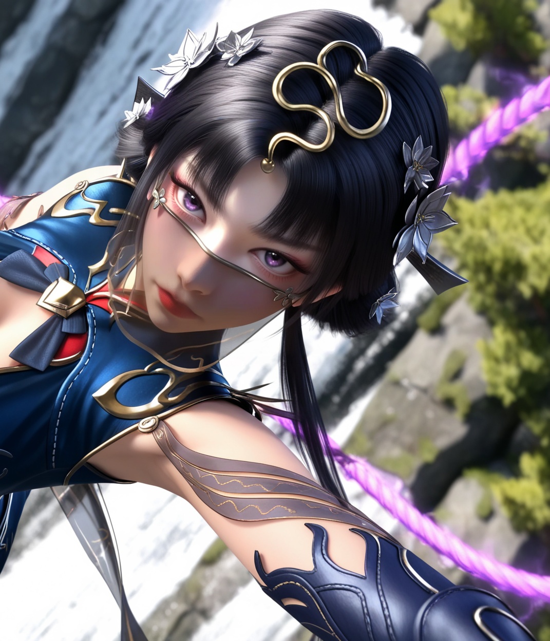 masterpiece,best quality,amazing quality,high resolution,ultra-detailed,absurdres,(looking at viewer:1.5),(moody lighting:1.1),waterfall,peach blossom,falling petals BREAK large breasts,jinxiaochai,1girl,solo,dress,black hair,hair ornament,blue dress,chinese clothes,clothing cutout,gloves,mouth veil,brown patterned thigh-high stockings,fishnet texture,cleavage cutout,long hair,hair bun,realistic,shoes,holding weapon,glowing purple energy whip,glowing purple magic aura BREAK photorealistic details,<lora:QQSilljinxiaochaiV1:0.8>,