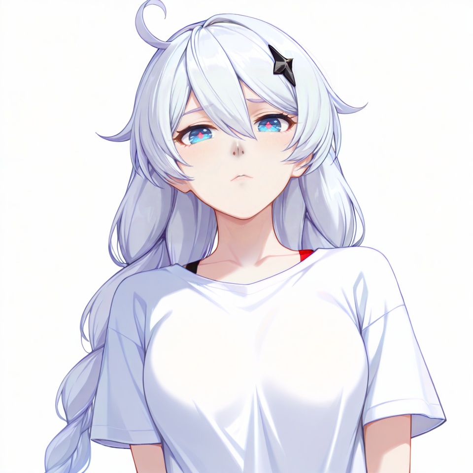 masterpiece, best quality,(white background:1.2),looking at viewer,SOLO,simple background  game_cg_style, kiana kaslana,k423,ponytail,long braid,braided ponytail,symbol-shaped pupils,white hair,twin braids,braid,silver hair,hair between eyes,ahoge,bangs,long hair,blue eyes,breasts,hair ornament,eyebrows visible through hair<lora:K423-ILL:0.8>