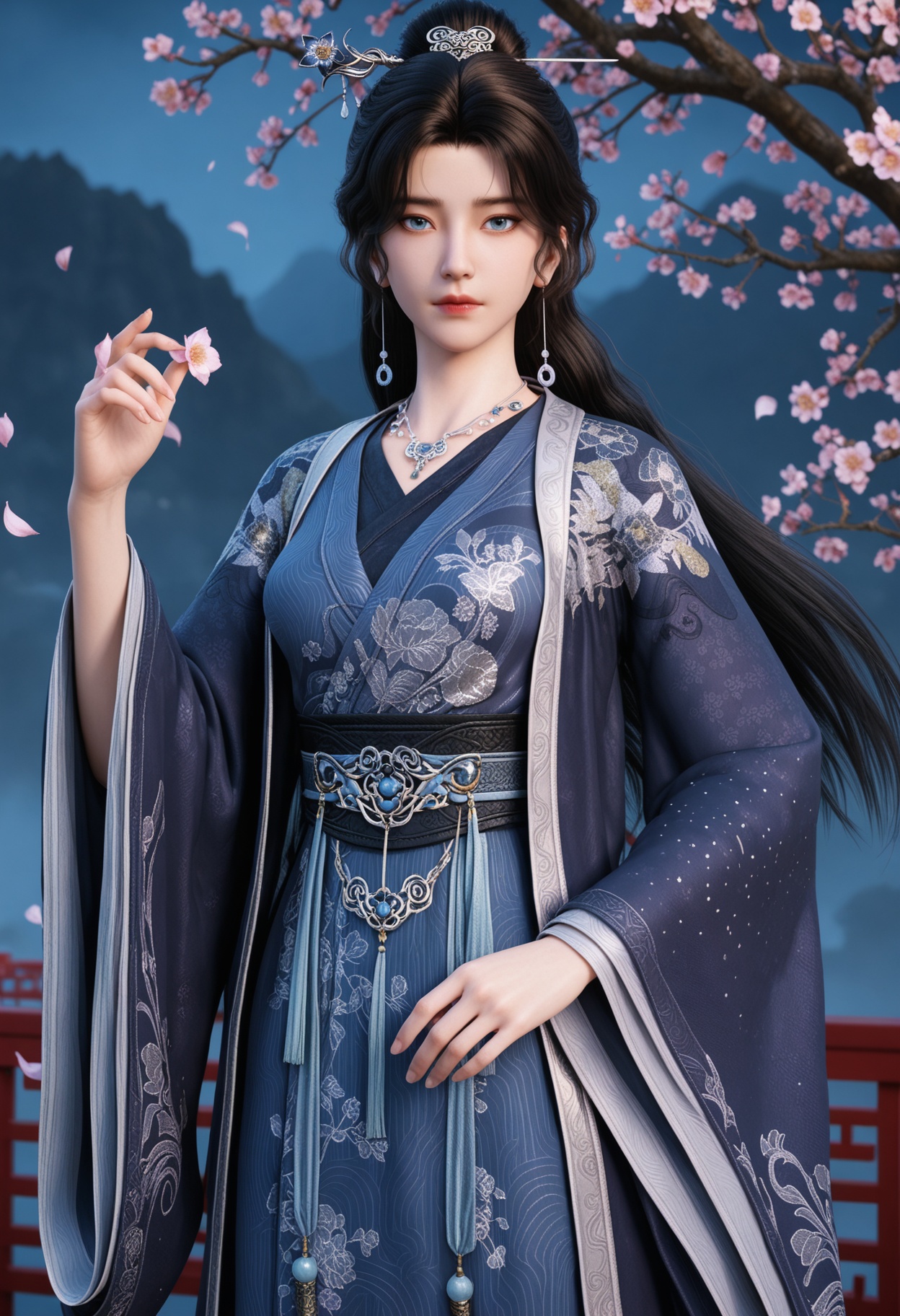 (cowboy shot:1.2),(looking at viewer:1.1),masterpiece,(best quality),smog,Dark room,dim lighting,peach blossom,falling petals,<lora:YQ_Illustrious光辉v5_宋馀_长春宫长老_V1:0.8>,q1528437228,1girl,solo,long hair,black hair,jewelry,necklace,earrings,hair ornament,chinese clothes,hair bun,hair stick,long sleeves,hanfu,blue eyes,wide sleeves,sash,dress,single hair bun,brown hair,blue dress,