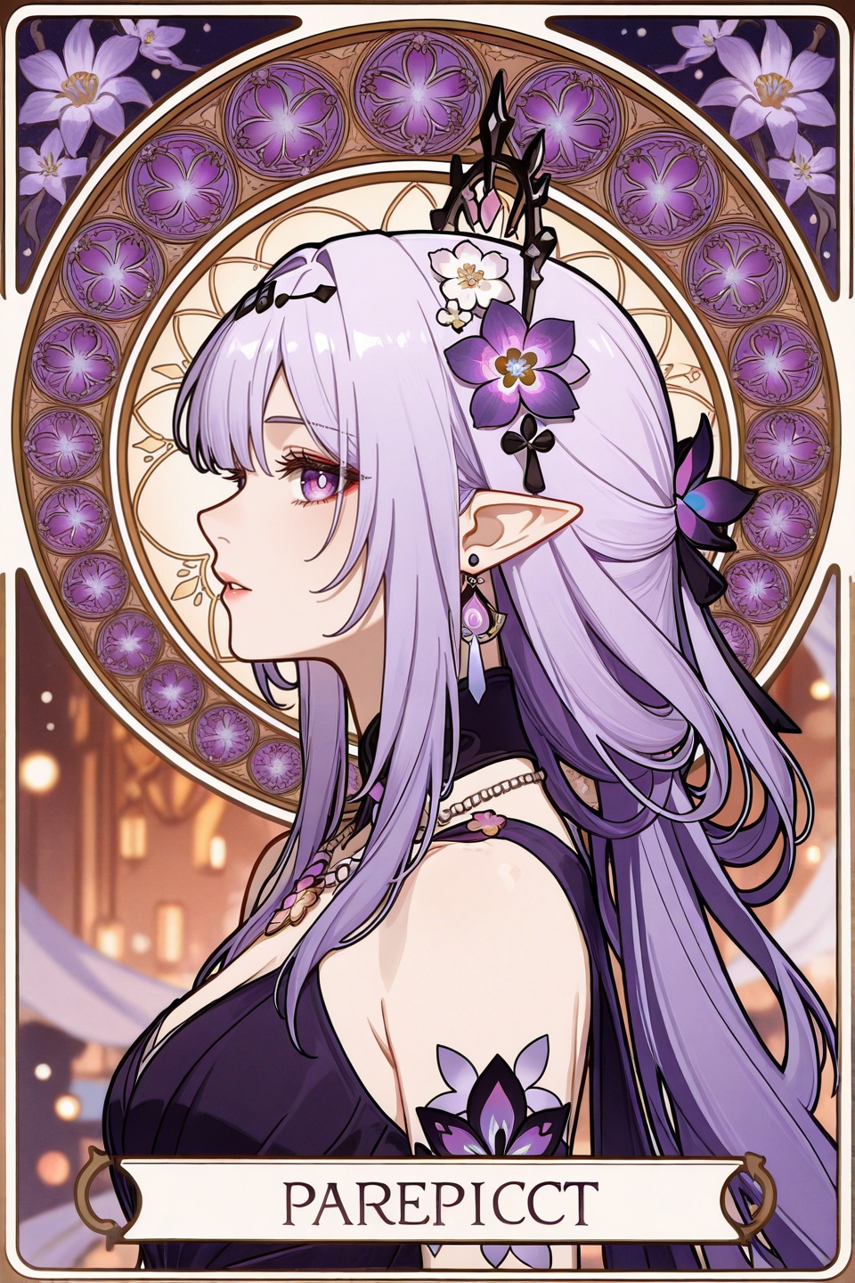 <lora:夏穆风·滤镜·ILL:0.8>,<lora:castorice_v0.2_Illustrious:0.6>,castorice \(honkai: star rail\),1girl,purple eyes,solo,pointy ears,purple hair,long hair,hair ornament,hair flower,parted lips,art nouveau,long hair,1girl,profile,jewelry,flowers,hair ornament,necklace,solo,from side,depth of field,masterpiece,best quality,very aesthetic,alternate costume,alternate costume,2024,2023,perfect composition,ultra-detailed,extreme aesthetic,masterpiece,best quality,good quality,newest,year 2024,year 2023,very aesthetic,absurdres,looking_at_viewer,colorful,makeup,