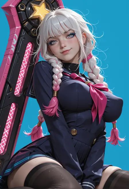 1girl, woman, cyber-doll, cyber-body accents,school uniform, thighhighs, giant mecha weapon,perky breasts, large breasts, small waist, soft thighs, skin pressed, side boobs, dress, pink accents, yellow stars,blue lashes, long lashes, very awa, duocolored background, black inked, white hair, glitter accented hair, messy hair, braided tails, long hair, bangs, long bangs, gray eyes, freckles,tilted angle, close up, upper body with face focus,looking at viewer, tilted head, sitting, smirk, blush, hands between legs, sweet sit,league of legends inspired, Jinx hairstyle inspired