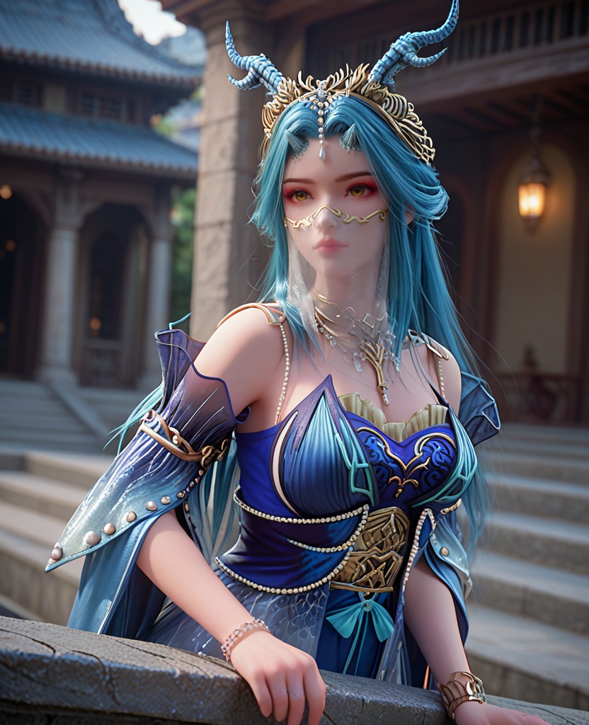 (oriental architecture, elegant decor, sophisticated style:1.1),Balancing on a narrow ledge or wall, looking fearless and adventurous,,(breasts:1.2),<lora:XL完美世界龙女:0.9>,miss longnv,solo,blue dress paired with a beads tight corset,blue dress,mouth veil,detached sleeves,blue hair,horns,red eyeshadow,yellow eyes,jewelry,long hair,bracelet,see-through overskirt,necklace,, zPDXL2, score_9, score_8_up, score_7_up BREAK realistic, masterpiece,best quality, highly detailed,, zPDXL3, zPDXL2,zPDXL, zPDXLxxx, zPDXLrl,