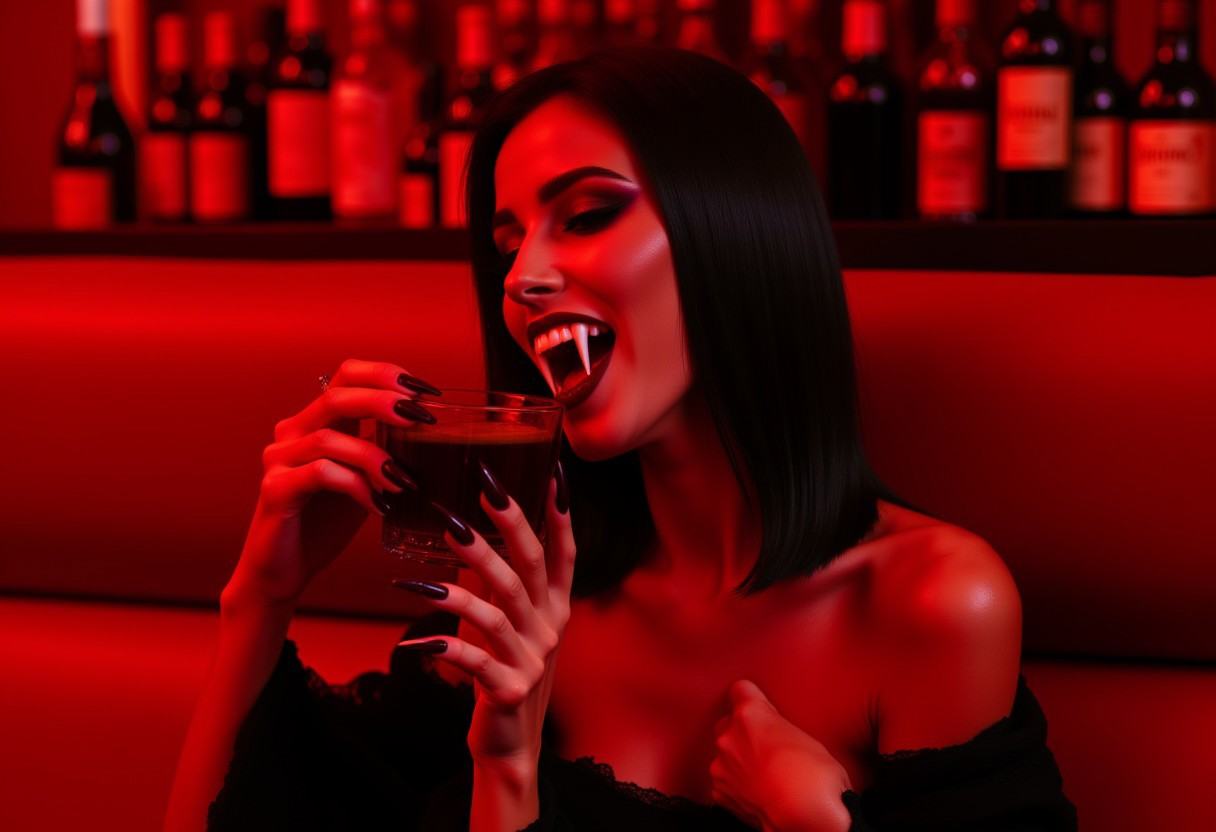Vampyfangs1. A black haired vampire woman with fangs sits on a red couch drinking a red cocktail. She's at a red themed ba...