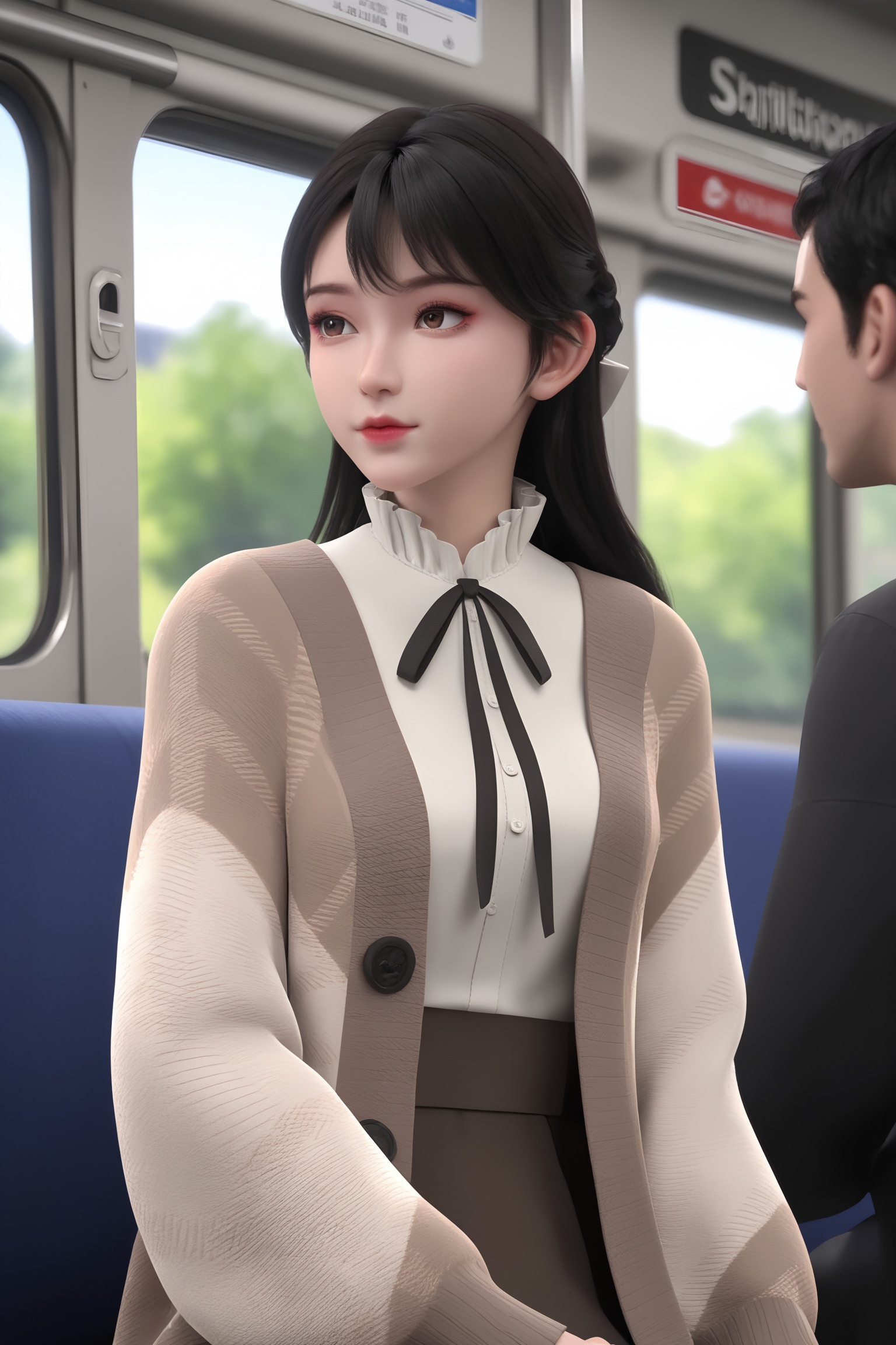 solo,1girl,solo focus,(perfect_anatomy:1.1),(upper_body:1.2),sitting,(train_interior),(blurry_background:1.2),score_9,<lora:金蚕往事-小美:0.7>,1girl,long,straight black hair,bangs,white blouse,high collar,paired loos,grey and beige,geometric plaid pattern cardigan,pleated brown skirt.