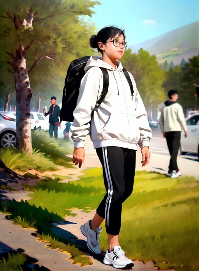 1girl, black hair, long sleeves, 1boy, hat, standing, jacket, outdoors, shoes, glasses, day, pants, hood, bag, hair bun, blurry, hoodie, blurry background, black pants, sunlight, single hair bun, white footwear, backpack, grass, sneakers, nature, beanie,<lora:SD1.5_Nianhua2:0.8>