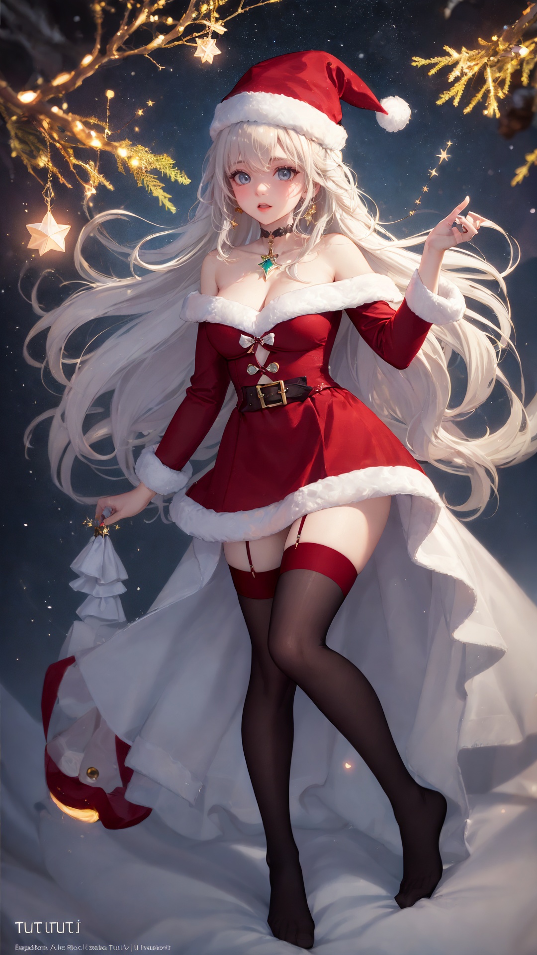 (tutututu:1.3), red thighhighs, red edge stockings,1girl, full body, artist name, gem, glowing, jewelry, long hair, looking at viewer, magic, (christmas hat), artist name, aurora, choker, constellation, embers, light particles, tutututu,  hand101, <lora:tutuhb_00004:0.75>