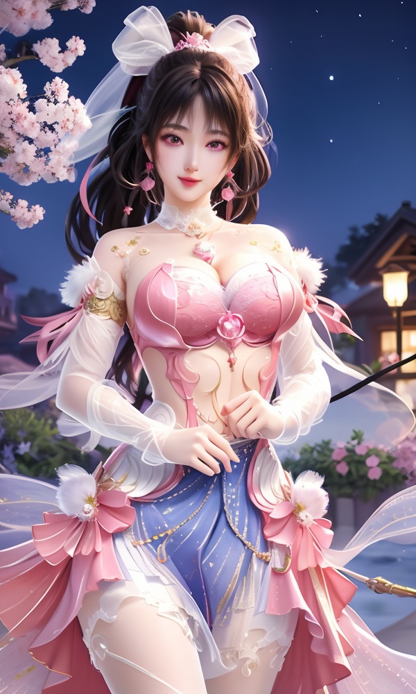 (,1girl, ,best quality, ),looking at viewer, <lora:454-DA-永劫无间-斗罗大陆-小舞:0.8> ,ultra detailed background,ultra detailed background,ultra realistic 8k cg,, ,masterpiece, (( , )),, ,   ,   cure blossom, full moon,night,night sky,  (cleavage), (), ,,