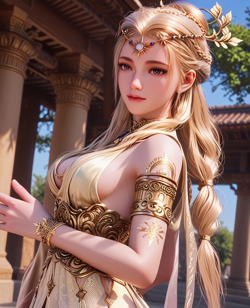 (oriental architecture, elegant decor, sophisticated style:1.1),(body bridge:1.1),bad,(breasts:1.2),<lora:XL16永劫无间席拉:0.95>,miss xila,light yellow high-low dress,blue eyes,circlet,blonde hair,braid,long hair,sash,jewelry,armlet,golden tattoo of holy seal,, score_9,score_8_up,score_7_up,score_6_up,score_5_up,score_4_up,3d rendering,tag1,tag2, Cinematic Lighting,backlighting,