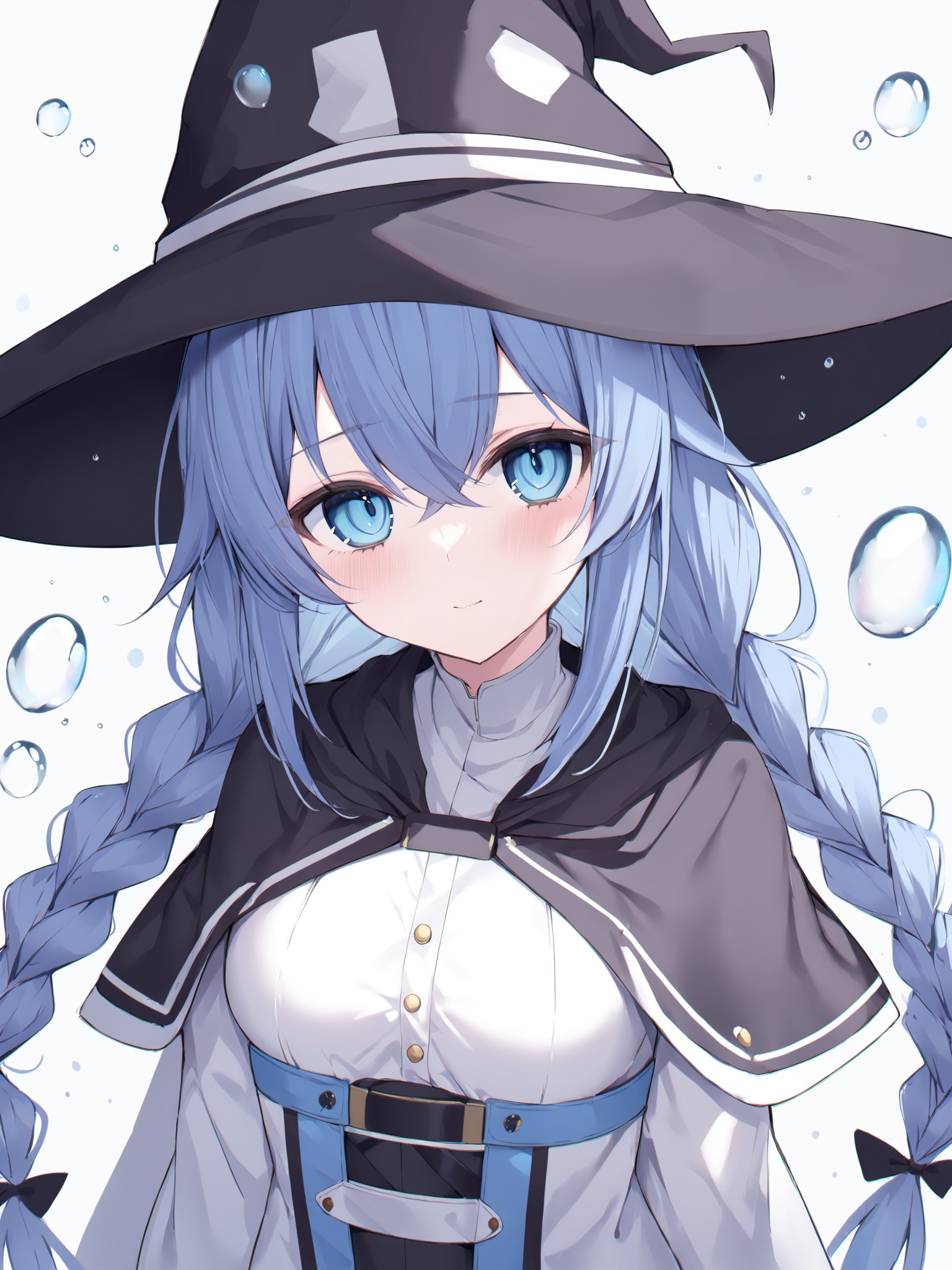 (masterpiece),(bestquality),1girl, solo, roxy migurdia, hat, witch hat, blue eyes, blue hair, braid, long hair, looking at viewer, upper body, hair between eyes, bangs, closed mouth, black headwear, simple background, twin braids, capelet, cape, crossed bangs, blush, water drop, grey background, bubble, breasts, buttons<lora:heyiling-v3-000010:0.8>,
