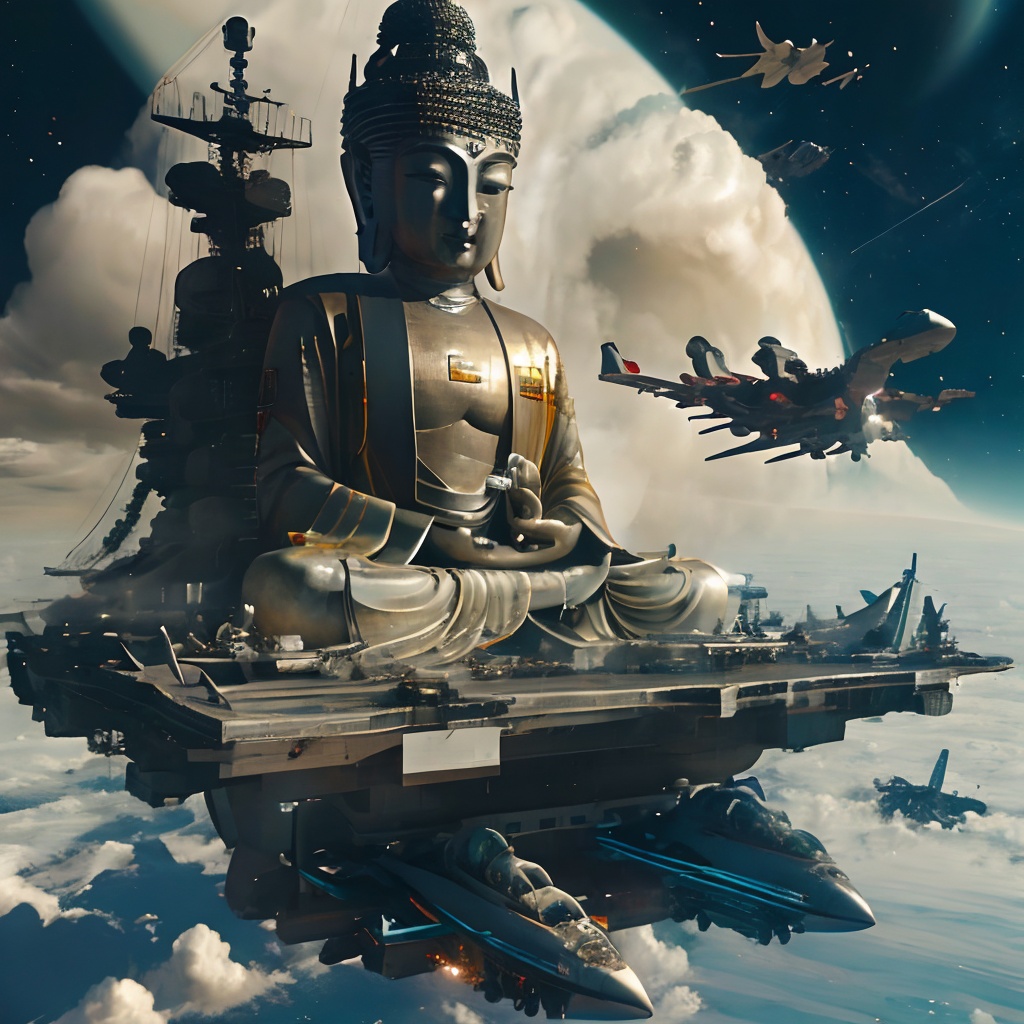 Sakyamuni,A tall portrait,guangzy,cloud,aircraft,sky,military,airplane,day,military vehicle,no humans,science fiction,scenery,spacecraft,watercraft,armor,<lora:jinlong_20240210181031:0.8>, masterpiece, best quality,