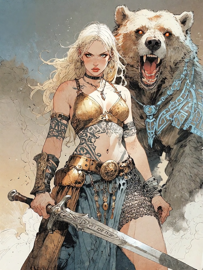 Bradhamel art style. A muscular,  blonde warrior woman with intricate tattoos on her chest and arms stands in bold,  battl...