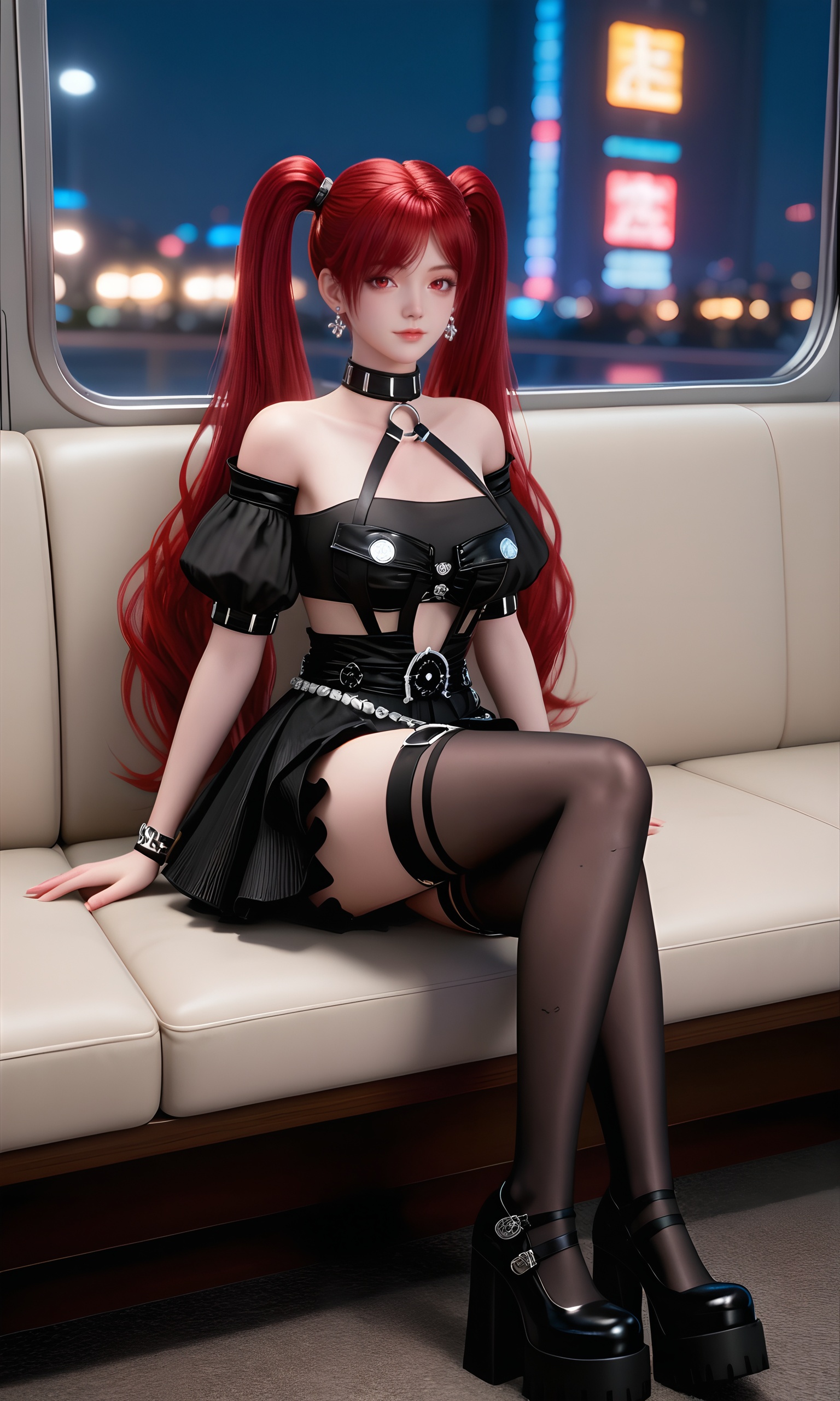 <lora:王牌竞速-神剑号车姬Pony:0.7>,1girl,long,vibrant red hair,twintails,red eyes,provocative,gothic-inspired outfit,black,off-the-shoulder crop top,cutouts,short,pleated mini skirt,choker,belt adorned with silver chains,thigh-high stockings and black high-heeled shoes,, solo,1girl,solo focus,(perfect_anatomy:1.1),(upper_body:1.2),(portrait:1.1),sitting,(train_interior:1.1),(blurry_background:1.2),looking at viewer,