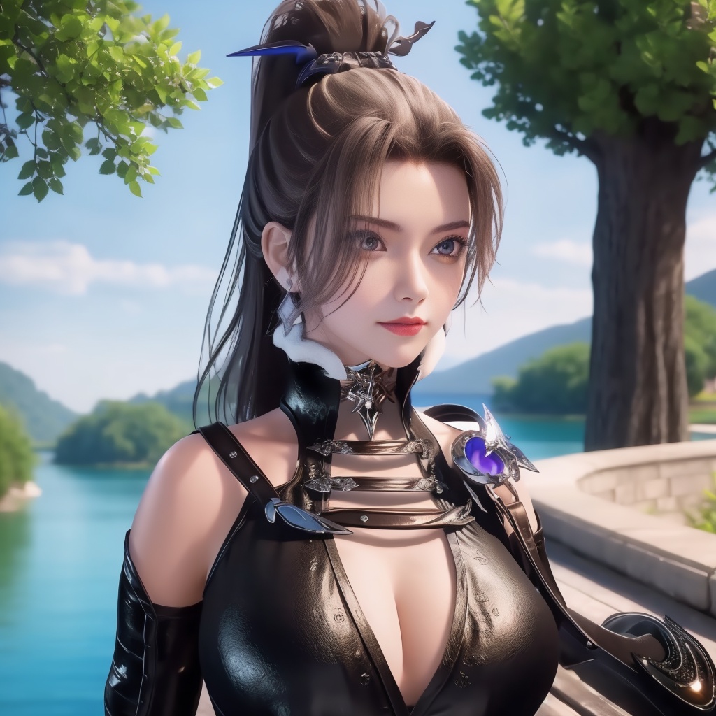 <lora:万界至尊-李雪衣-皮衣:0.8>, (,1girl, ,best quality, ),looking at viewer,  ,ultra detailed 8k cg,   ,masterpiece, (( , )) , lake,upper body,   (cleavage),,  (),