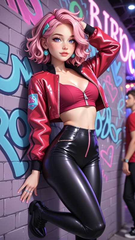 score_9, score_8_up, score_7_up, nsfw,Same girl in a club, leaning against neon-lit wall, purple-pink lights reflecting in hair and skin, red crop top swapped for glossy cropped leather jacket worn over bare chest, zipped only at the bottom, tight black leggings and sheer thigh-high stockings, freckles highlighted by club glow, arched posture, one leg bent with heel on wall, gloved hands, bold stare, blurred background with graffiti and moving crowd