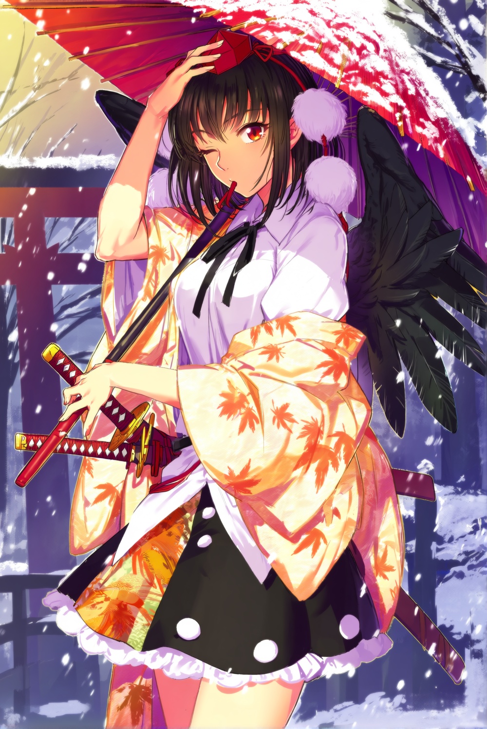 @cibo \(killy\). Shameimaru Aya winged,  elven-eared girl with dark hair tied into side ponytails stands amidst a snowy ev...