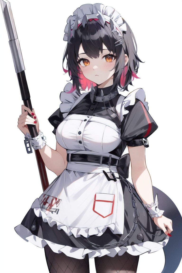 ((HRD, HUD, 8K)),((masterpiece, best quality)), highly detailed,EllenJoe, 1girl, solo, multicolored hair, red nails, pink hair, tail, black hair, pantyhose, white background, holding, breasts, maid, weapon, simple background, colored inner hair, short sleeves, apron, bangs, holding weapon, dress, two-tone hair, short hair, nail polish, maid headdress, looking at viewer, frills, wrist cuffs, puffy sleeves, chain, belt, black dress, hair ornament, maid apron, closed mouth, fishnets, puffy short sleeves, white apron, cowboy shot, medium breasts, orange eyes, <lora:20240705-1720168506454:0.75>