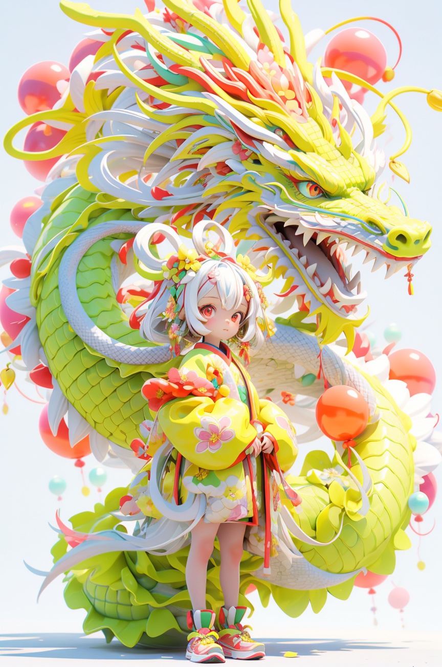 oriental dragon, dragon, 1girl, red eyes, white hair, white background, standing, solo, hair accessory, shoes, looking at viewer, flower, bangs, full body, yellow theme, yellow dragon, balloon