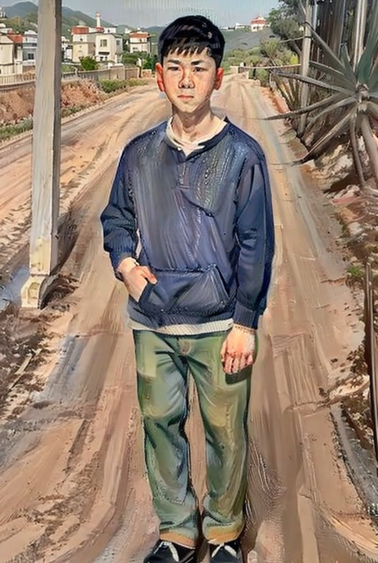 1boy,freud,oil painting,brushwork,solo,full body,stand beside the road,behind us is the villa,<lora:fuluoyideV3:0.9>,in one's clothes,masterpiece,best quality,HD,8K,