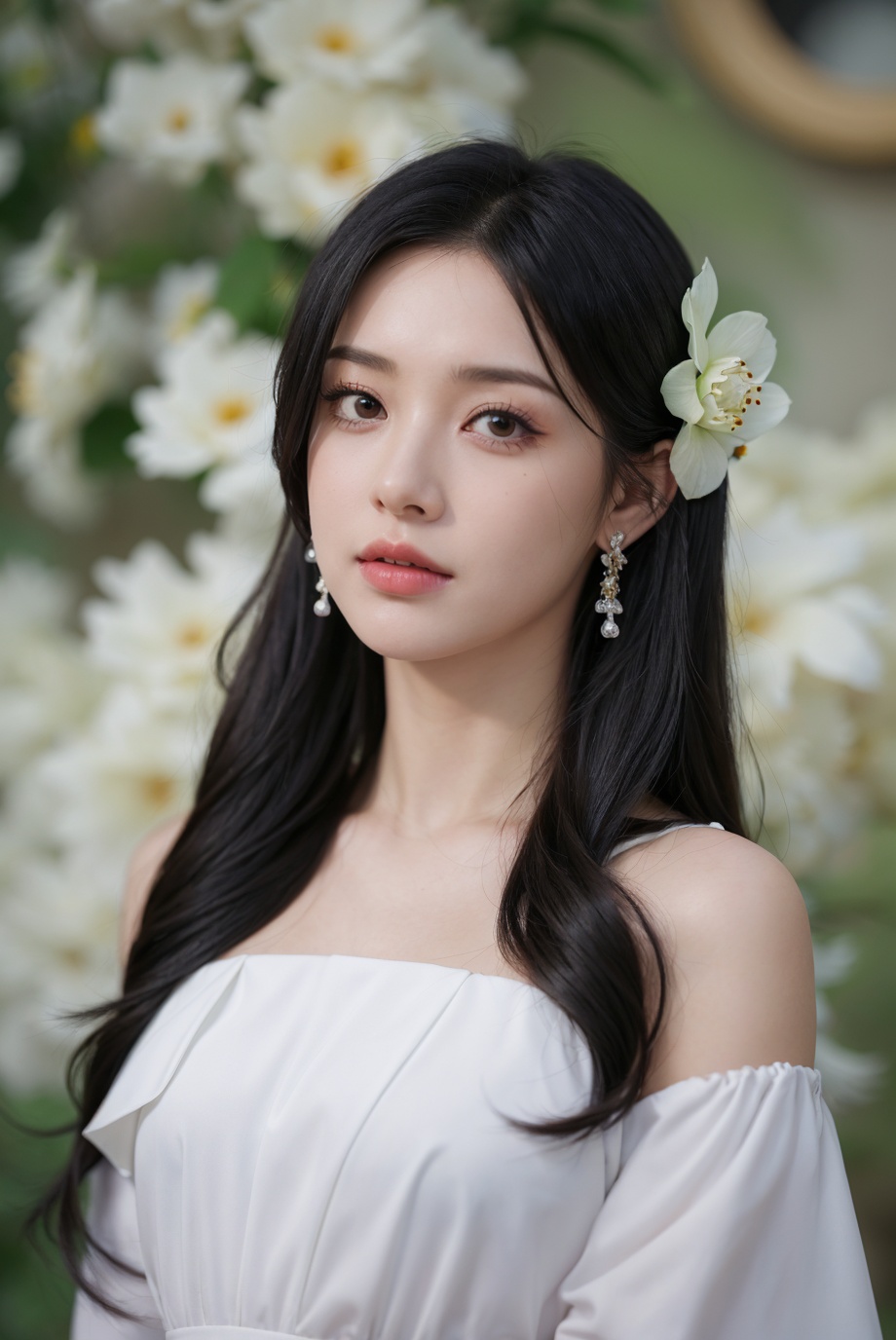 1girl, solo,(front view:1.2),(looking_at_viewer:1.4),(eye-contact:1.4),,black hair, long hair, jewelry, realistic, earrings, hair ornament, black eyes, lips, collarbone, parted lips, flower, watermark, upper body, portrait, hair flower, dress, web address,  <lora:YG红颜阁美女11:0.85>,