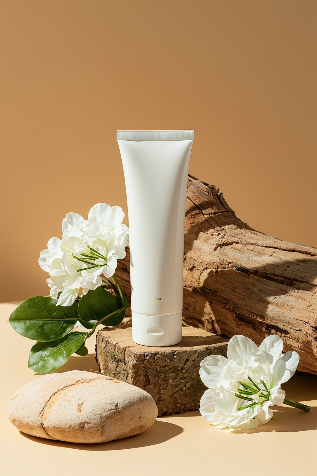 (no humans:0.8),cosmetics,product map,(facial cleanser:1.1),no humans,dead tree,wood,food,still life,flower,food focus,leaf,tree,rock,scenery,white flower,plant,sense of atmosphere,warm color,minimalism,correct composition,light brown background,<lora:chajifeng:0.7>,
