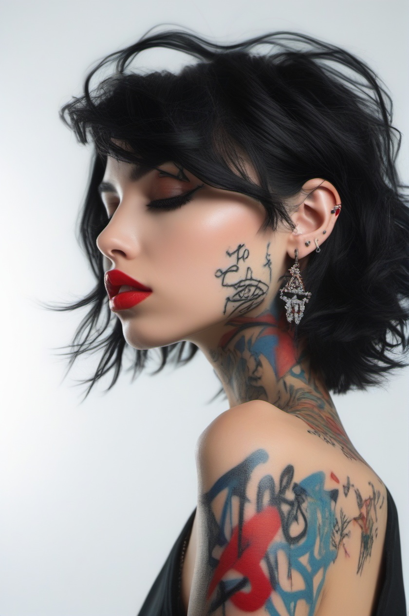tuya, 1girl, solo, abstract, black hair, red lips, profile, short hair, from side, makeup, lipstick, white background, jewelry, nose, tattoo, colorful, portrait, simple background,<lora:tuya-000008:0.8>,