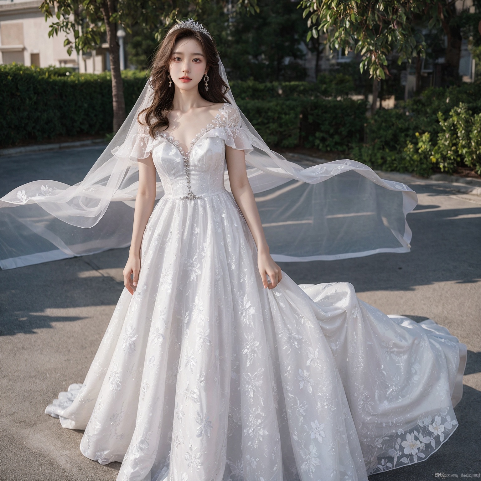 Best Quality,Masterpiece:1.4),(Realism:1.2),(Realisitc:1.2),4K,(photorealistic:1.3),1girl, white wedding dress,long dress,outdoors, flower,  jewelry,print,(Long Wavy Hair),hunsha,veil,Earrings,Jewelry,Tindal Light, <lora:YG梦中婚纱3:0.7>,