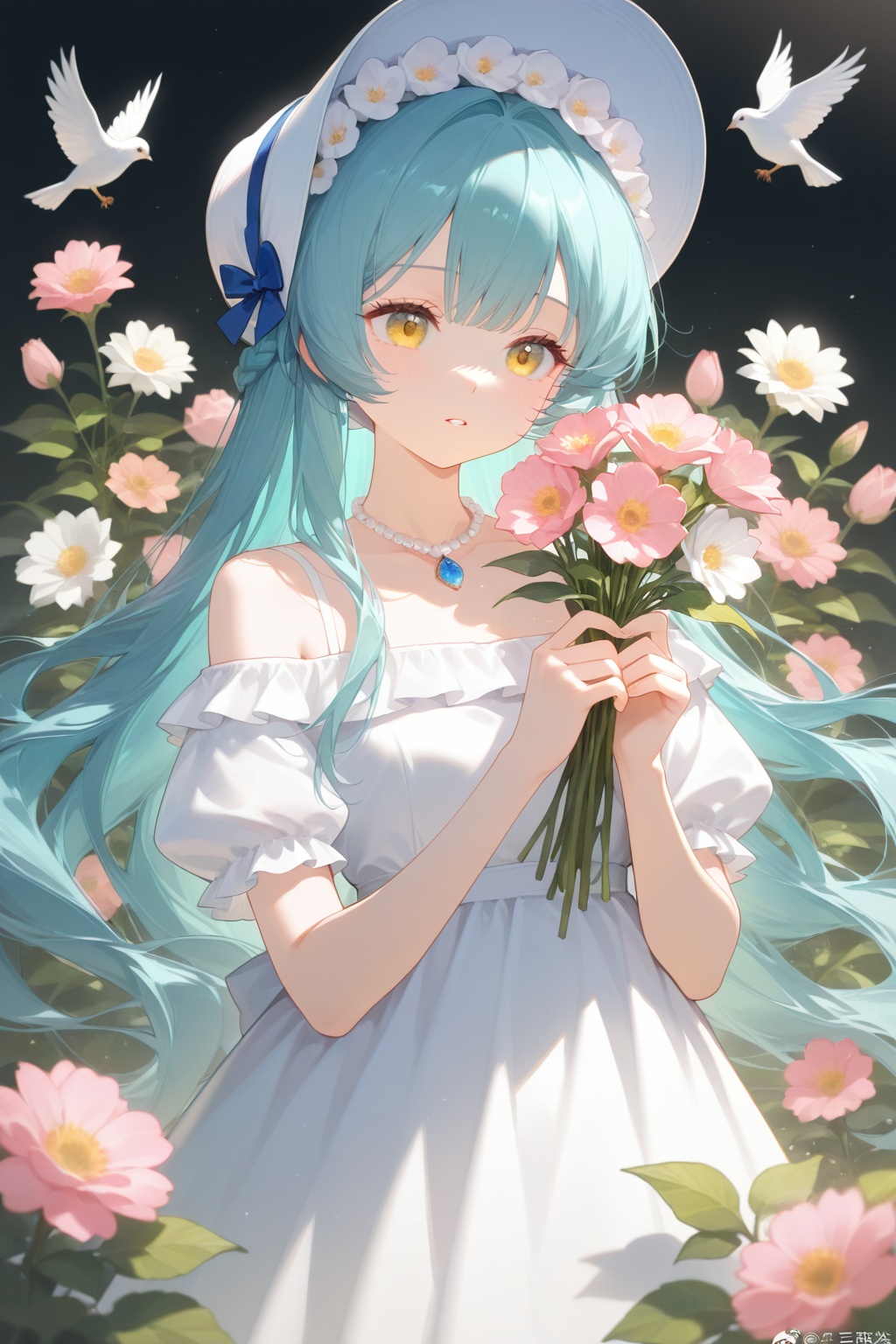1girl, flower, dress, solo, holding, bouquet, long hair, holding bouquet, necklace, white flower, white dress, weibo username, weibo logo, puffy sleeves, braid, short sleeves, white headwear, jewelry, yellow eyes, off shoulder, very long hair, puffy short sleeves, off-shoulder dress, hat, bare shoulders, blue hair, holding flower, pearl necklace, frills, heart, closed mouth, collarbone, bird, pink flower, bonnet, aqua hair, blue headwear, leaf, eyelashes, parted lips