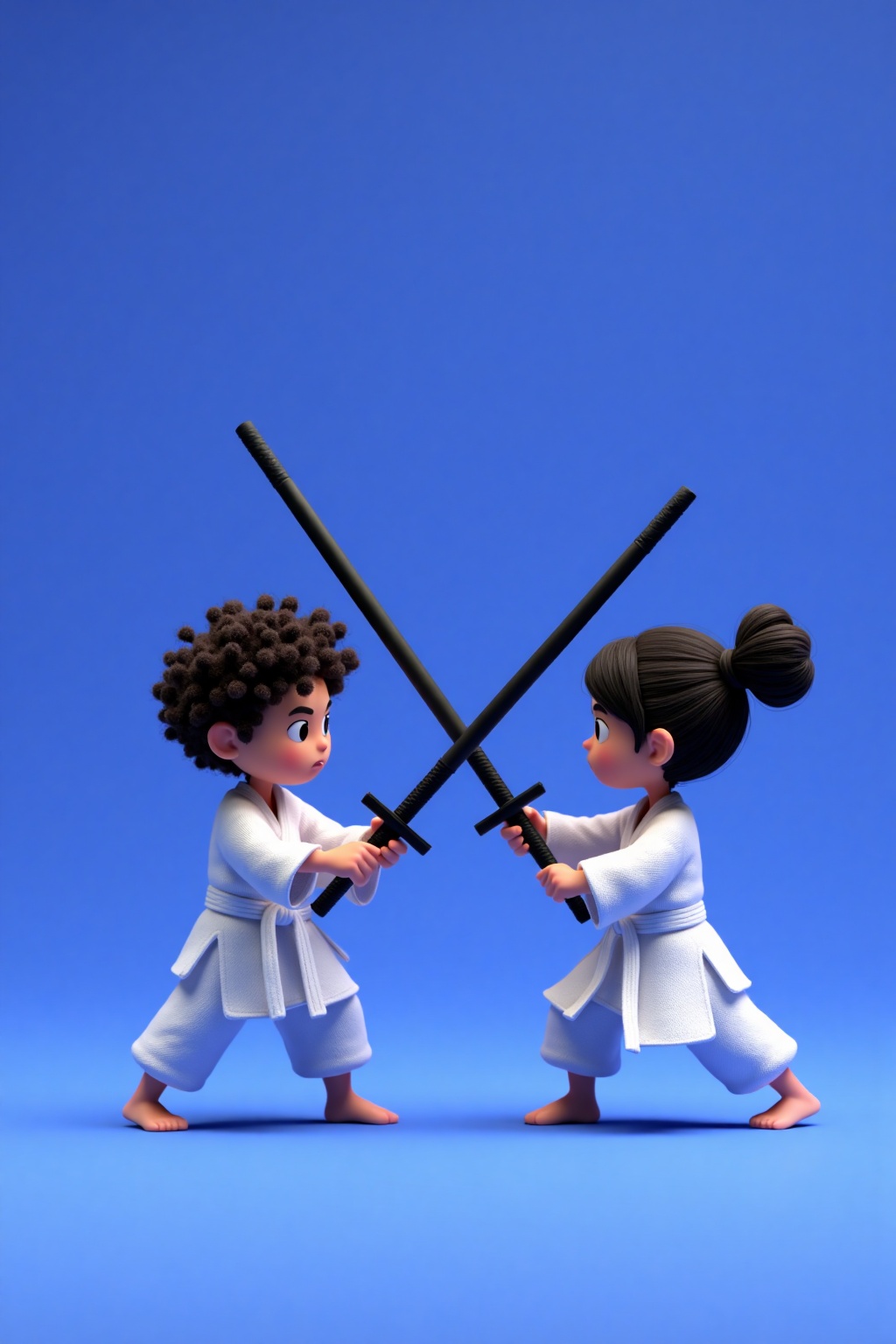 beijihui,two cartoon characters are engaged in a martial arts stance, each holding a black sword in their hands. They are dressed in a white robe, adorned with a white belt. The background is a vibrant blue, adding a pop of color to the scene.