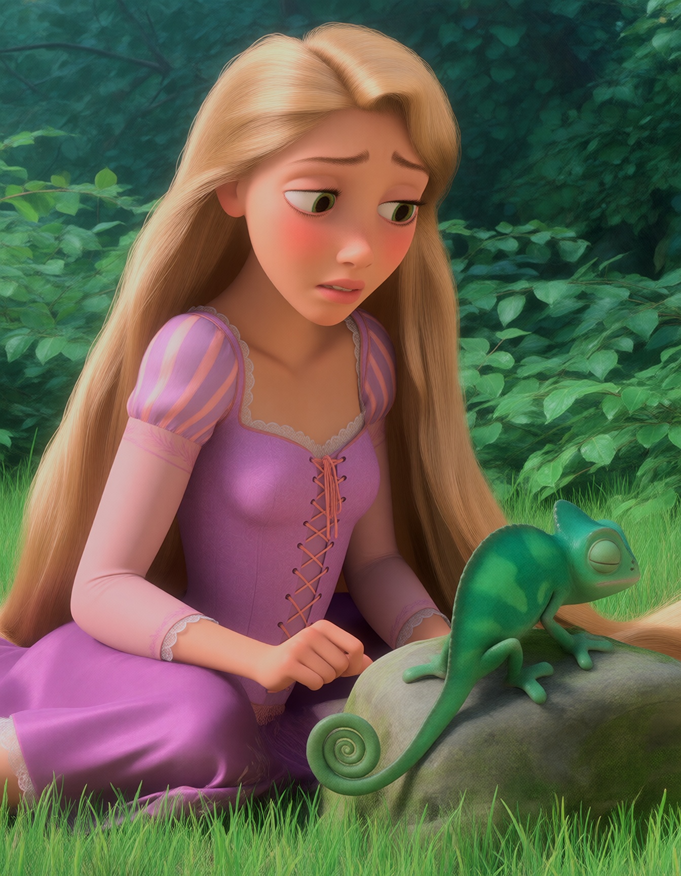 This is a digital CGI illustration featuring xrapunzelx,  a young woman with long blonde hair and fair skin,  sitting on l...