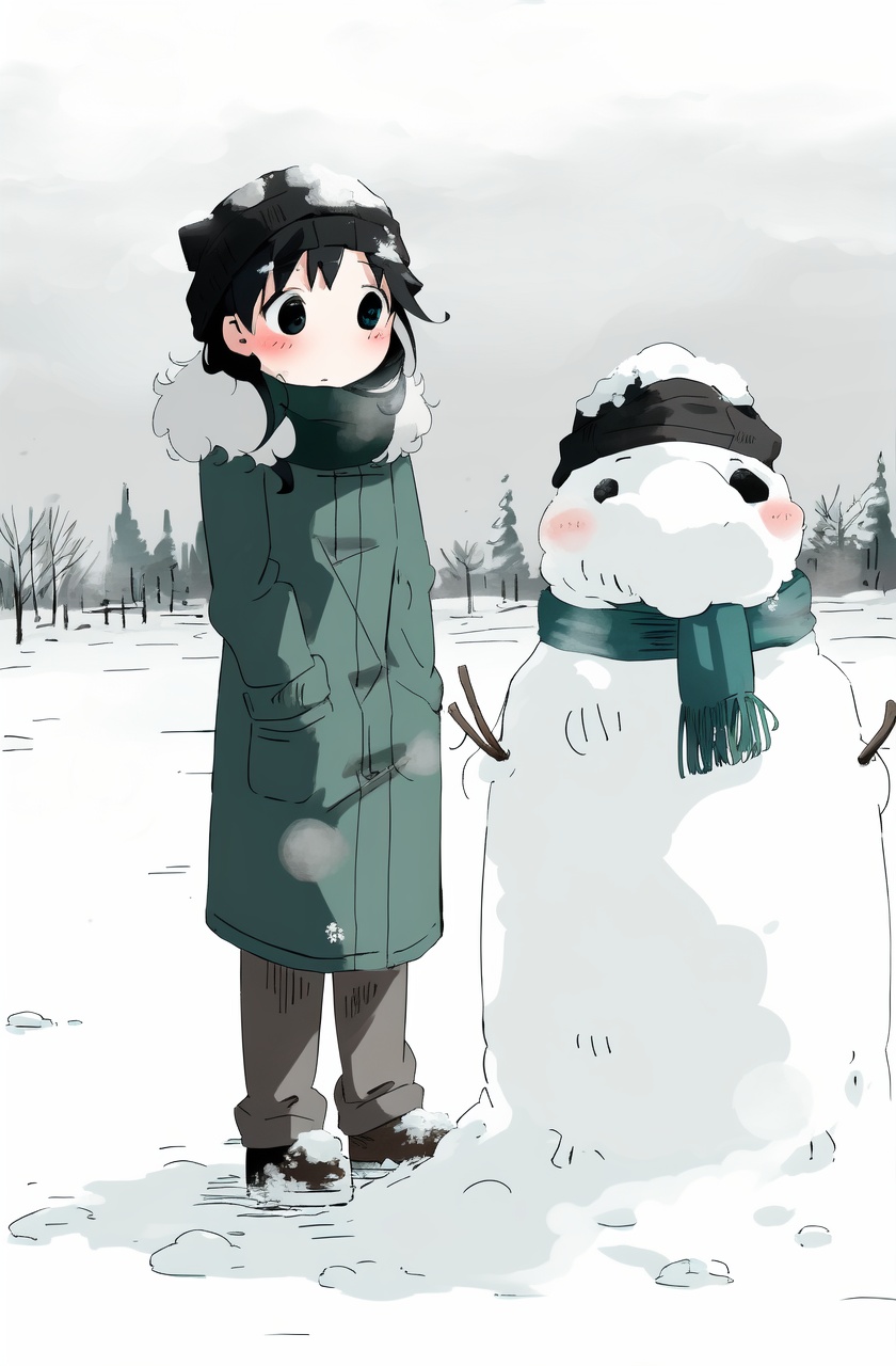 masterpiece,best quality,absurdres,1girl,scarf,blue eyes,black hair,fur trim,outdoors,grey sky,overcast,black eyes,green coat,brown footwear,standing,blush,long sleeves,winter clothes,snow,long hair,hat,red scarf,bangs,snowman,full body,snowing,
