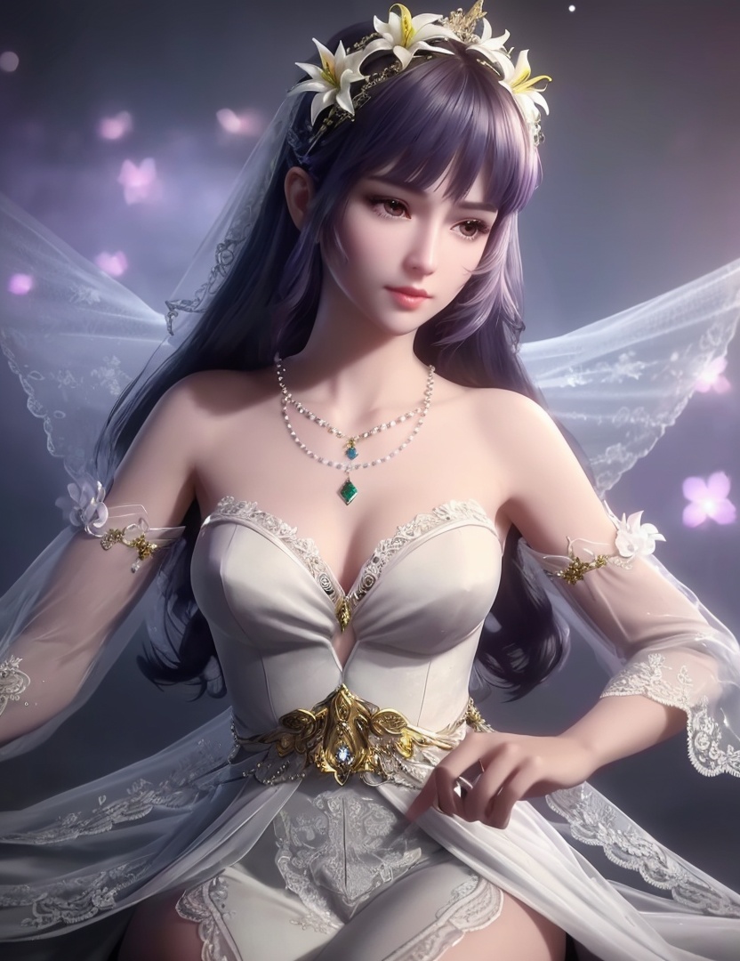 ultra realistic 8k cg, picture-perfect face, flawless, clean, masterpiece, professional artwork, famous artwork, cinematic lighting, cinematic bloom, perfect face, beautiful face, fantasy, dreamlike, unreal, science fiction,   lace, lace trim, lace-trimmed legwear,  (rich:1.4), prestige, luxury, jewelry, diamond, gold, pearl, gem, sapphire, ruby, emerald, intricate detail, delicate pattern, charming, alluring, seductive, erotic, enchanting, hair ornament, necklace, earrings, bracelet, armlet,halo((,1girl, pov,))  ((, 1girl, solo, star_\(symbol\),lily \(flower\),hair flower, wedding dress, jewelry))<lora:DA_BaiChenXiang:0.6>