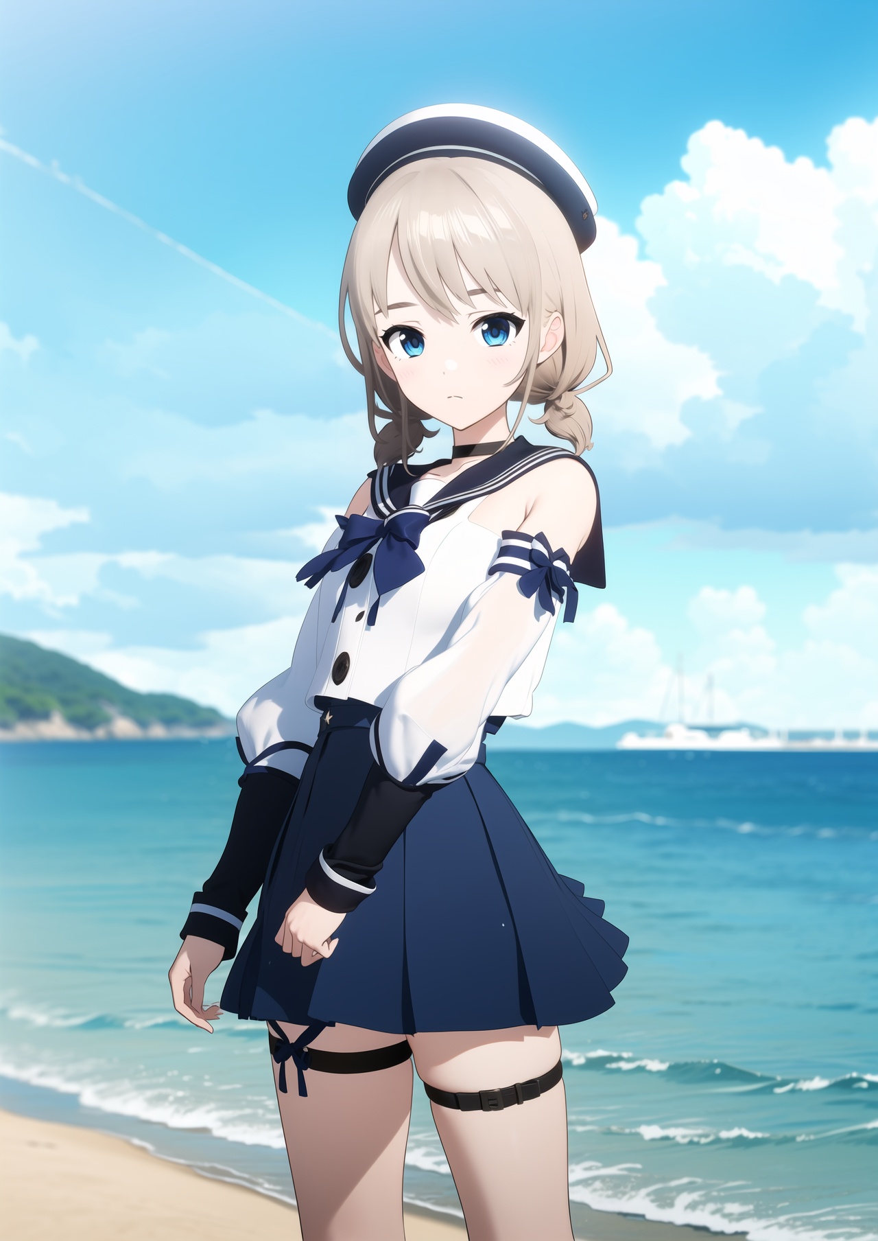 masterpiece,best quality,1girl,beach,solo,blue eyes,swimsuit,outdoors,blonde hair,hat,detached sleeves,ocean,looking at viewer,twintails,drill hair,choker,day,blurry,blue sky,sailor collar,long hair,sailor hat,sky,twin drills,blurry background,long sleeves,skirt,standing,thigh strap,flower,bow,water,sidelocks,(front view:1.2),(looking_at_viewer:1.2),(eye-contact:1.2),