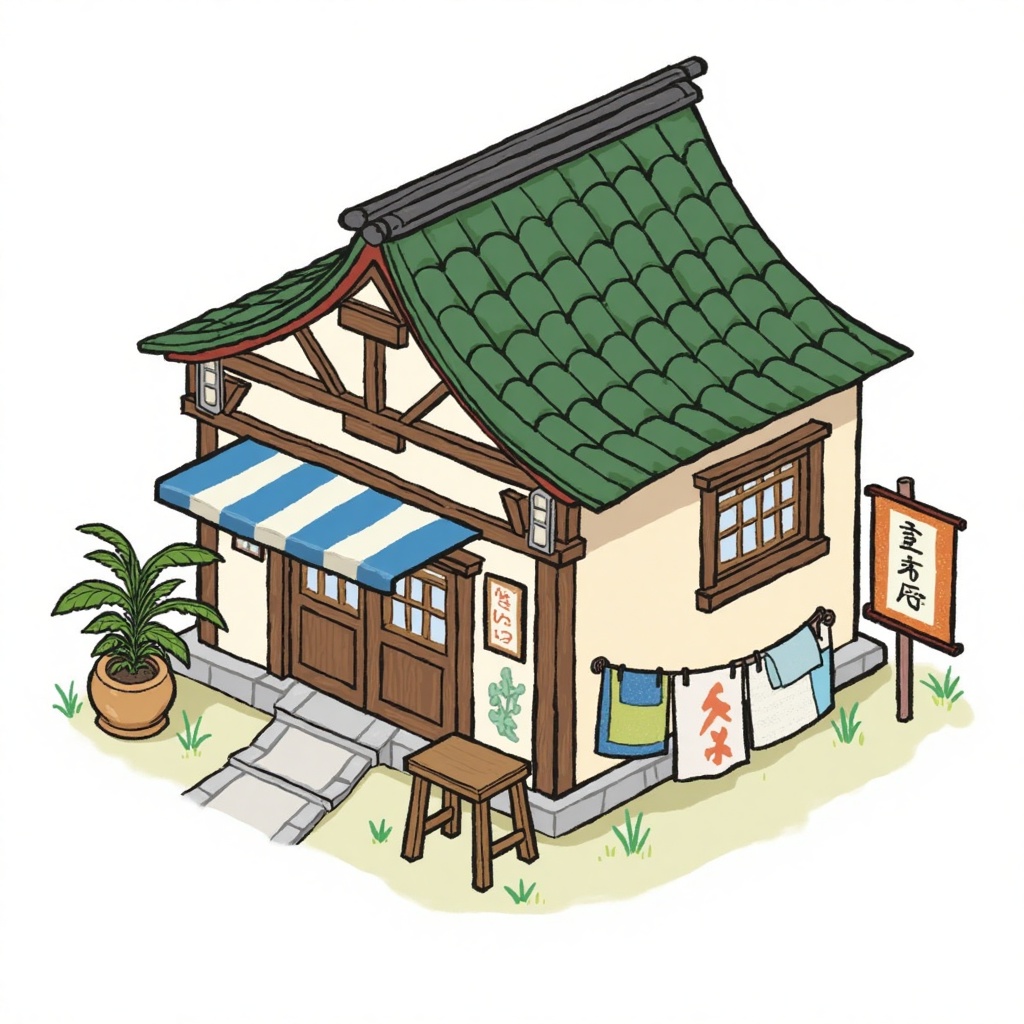 A detailed digital drawing of a quaint, rustic Japanese-style house with a green tiled roof, wooden beams, and beige walls. The house features a small porch with a blue and white striped awning, a clothesline with drying laundry, and a sign with Japanese characters. The scene includes a potted plant and a wooden stool. 