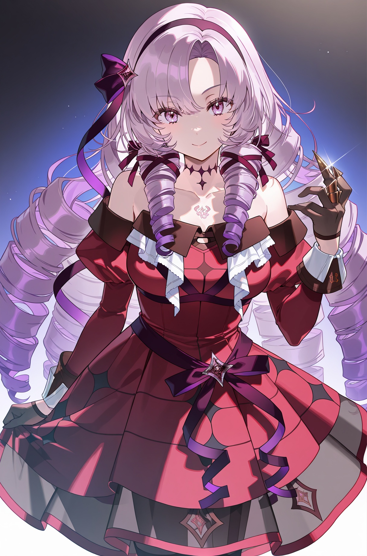 20,hyakumantenbara salome,virtual youtuber,long hair,red dress,1girl,dress,claw ring,drill hair,gloves,purple eyes,holding,solo,black gloves,purple hair,looking at viewer,puffy sleeves,bare shoulders,long sleeves,ribbon,off-shoulder dress,hair ribbon,parted bangs,purple ribbon,juliet sleeves,off shoulder,very long hair,red sleeves,chest tattoo,detached sleeves,hairband,