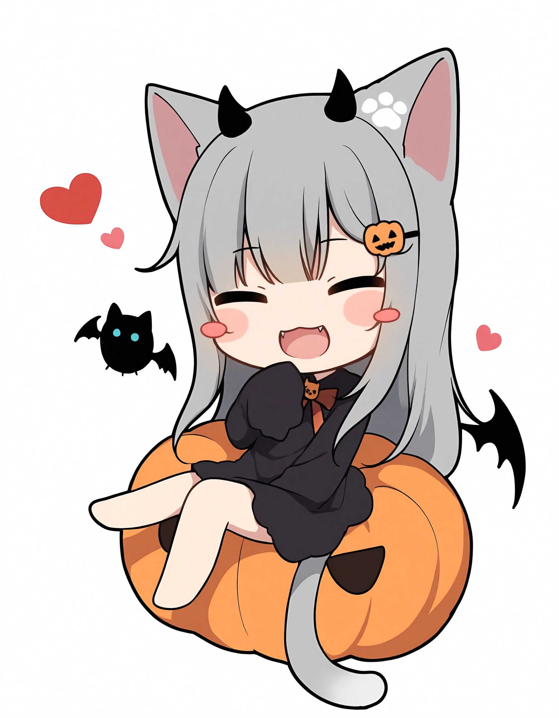 slit_pupils,amashiro natsuki, CHIBI, CHARACTERS-nachoneko, 1girl, sleeves_past_wrists, animal_ears, dress, solo, grey_hair, cat_ears, white_background, hair_ornament, long_sleeves, sleeves_past_fingers, tail, long_hair, cat_tail, bat_\(animal\), black_dress, closed_eyes, heart, simple_background, smile, :d, cat_girl, blush_stickers, horns, food-themed_hair_ornament, barefoot, fangs, facing_viewer, chibi, open_mouth, full_body, very_long_hair, hairclip, halloween, sitting, puffy_sleeves, animal_ear_fluff, puffy_long_sleeves,masterpiece, best quality, newest, highres, absurdres, newest,